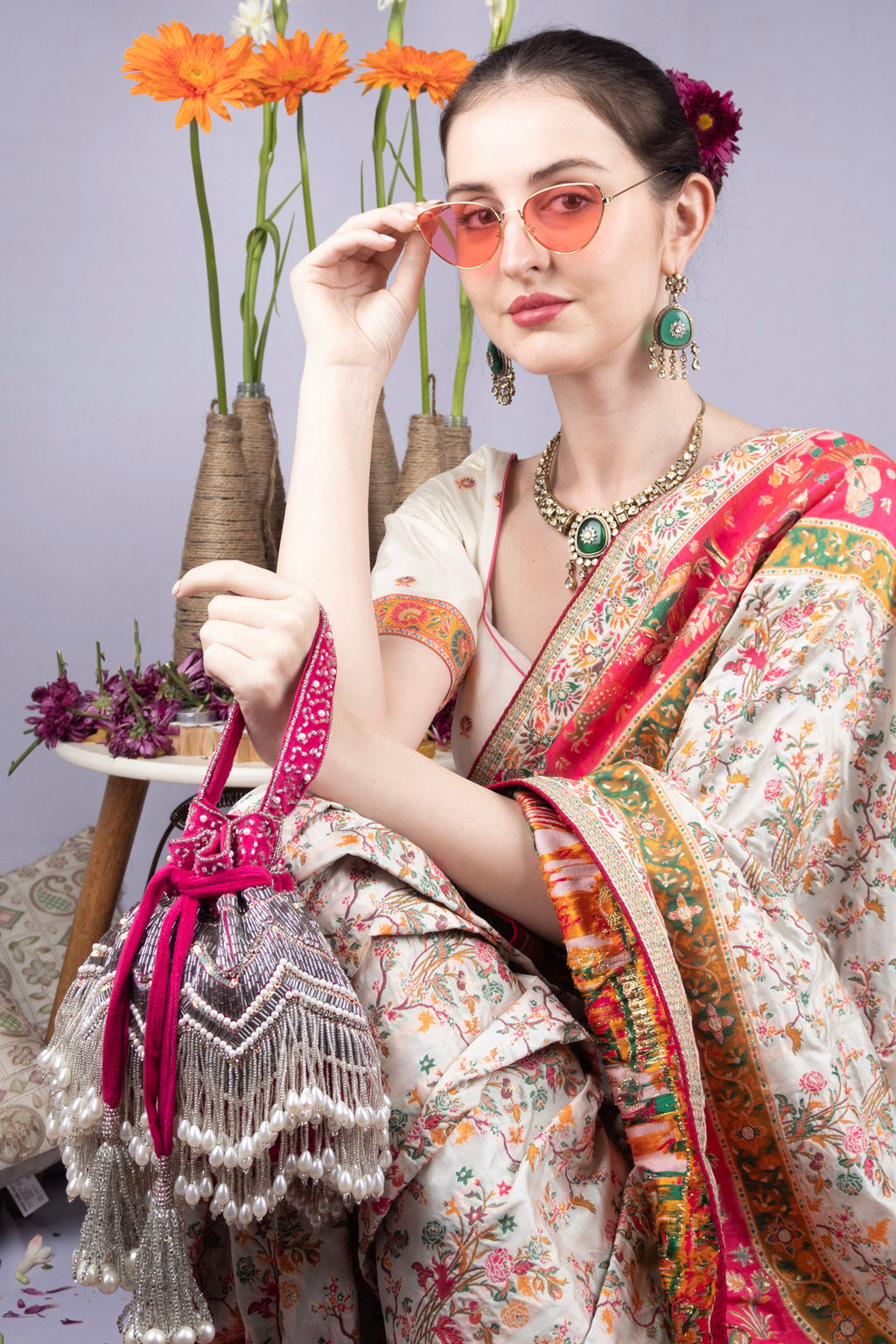 Rani Pink Velvet Cutdana & Pearl Embellished Potli Bag