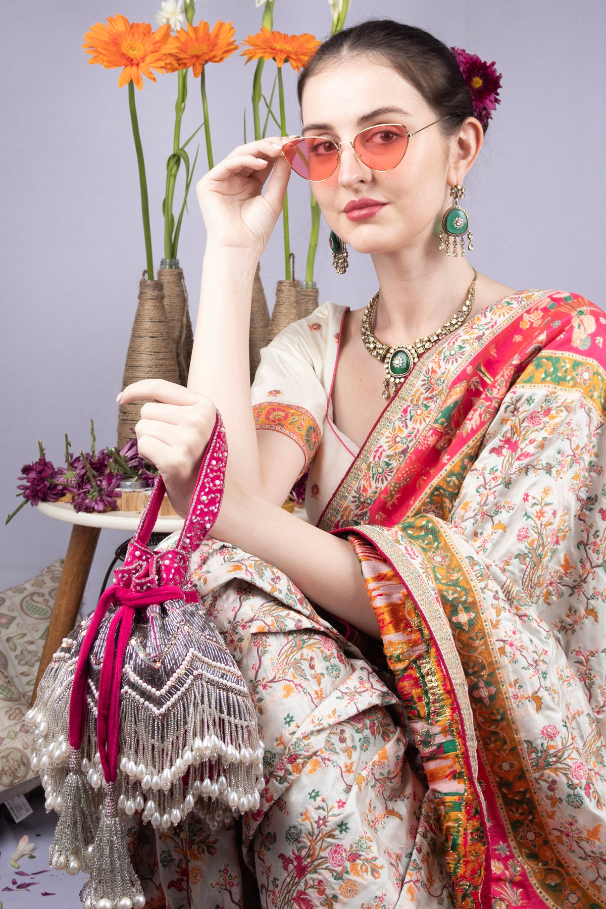 Rani Pink Velvet Cutdana & Pearl Embellished Potli Bag