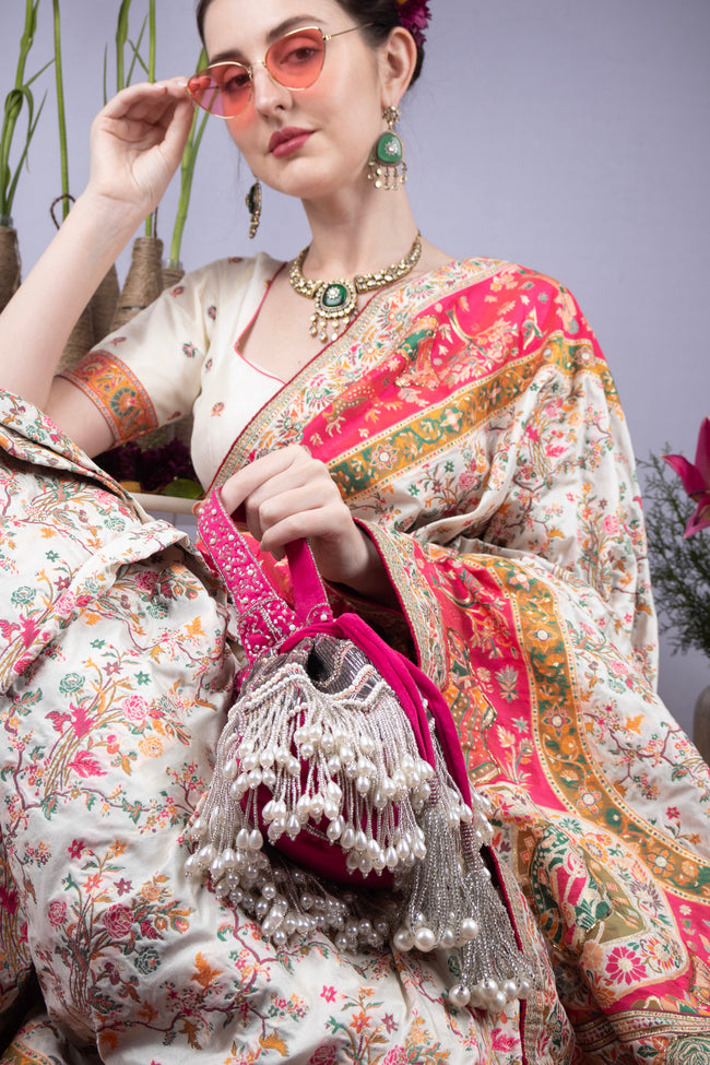 Rani Pink Velvet Cutdana & Pearl Embellished Potli Bag Main Image