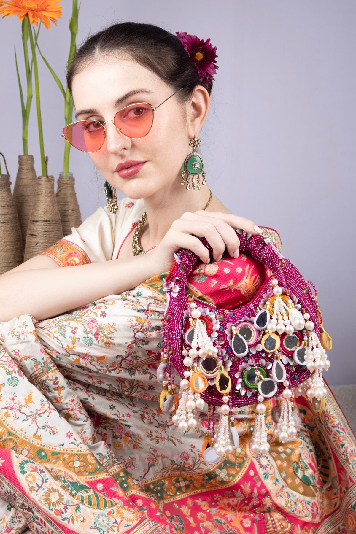 Eeth Pink Mirror Clutch Bagwith Beads and Pearl Work