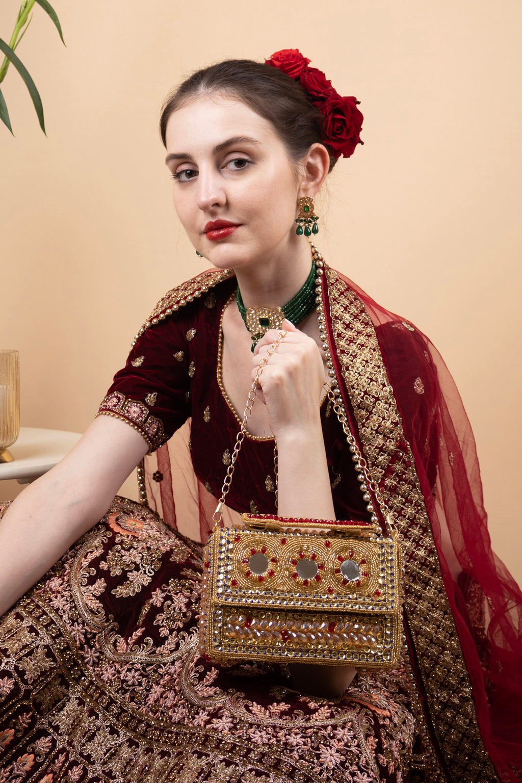 Gold Hand Embellished Clutch Bag with Cutdana, Sequins & Crystal Work