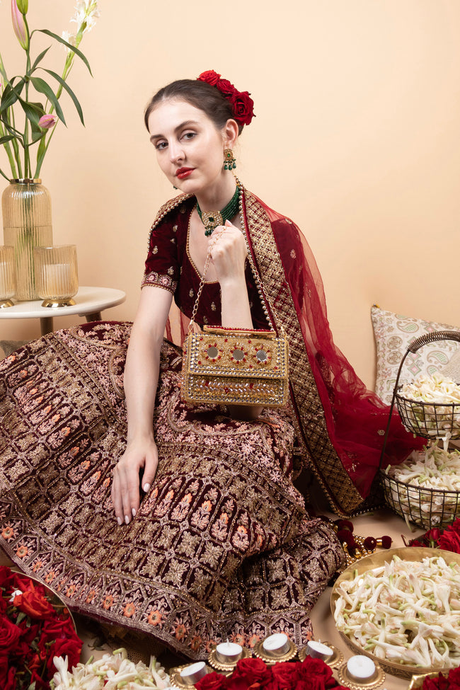 Gold Hand Embellished Clutch Bag with Cutdana, Sequins & Crystal Work Main Image