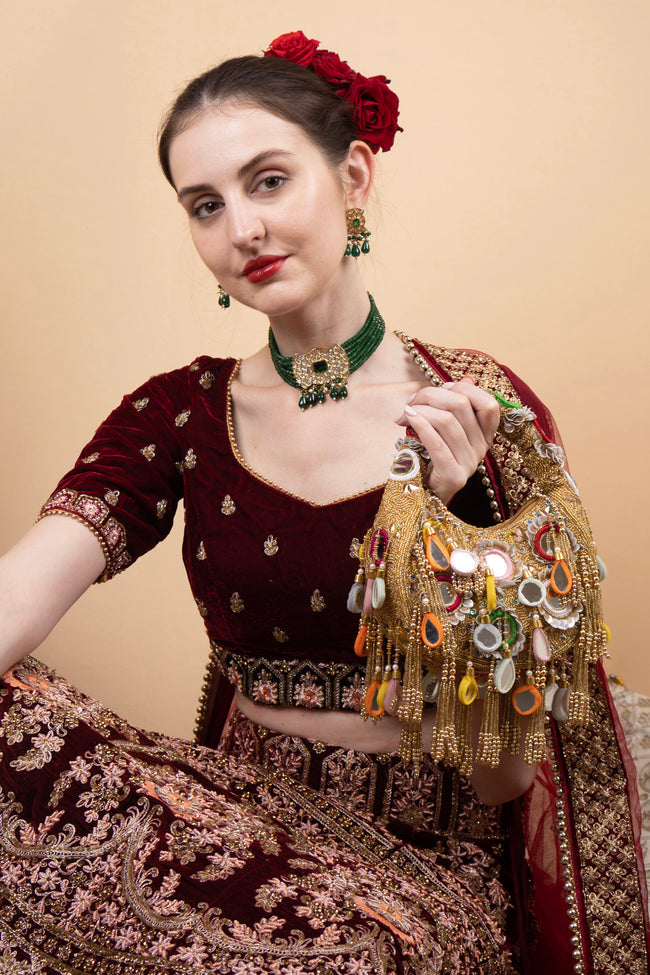 Eeth Gold Mirror Clutch Bag with Beads and Pearl Work Main Image