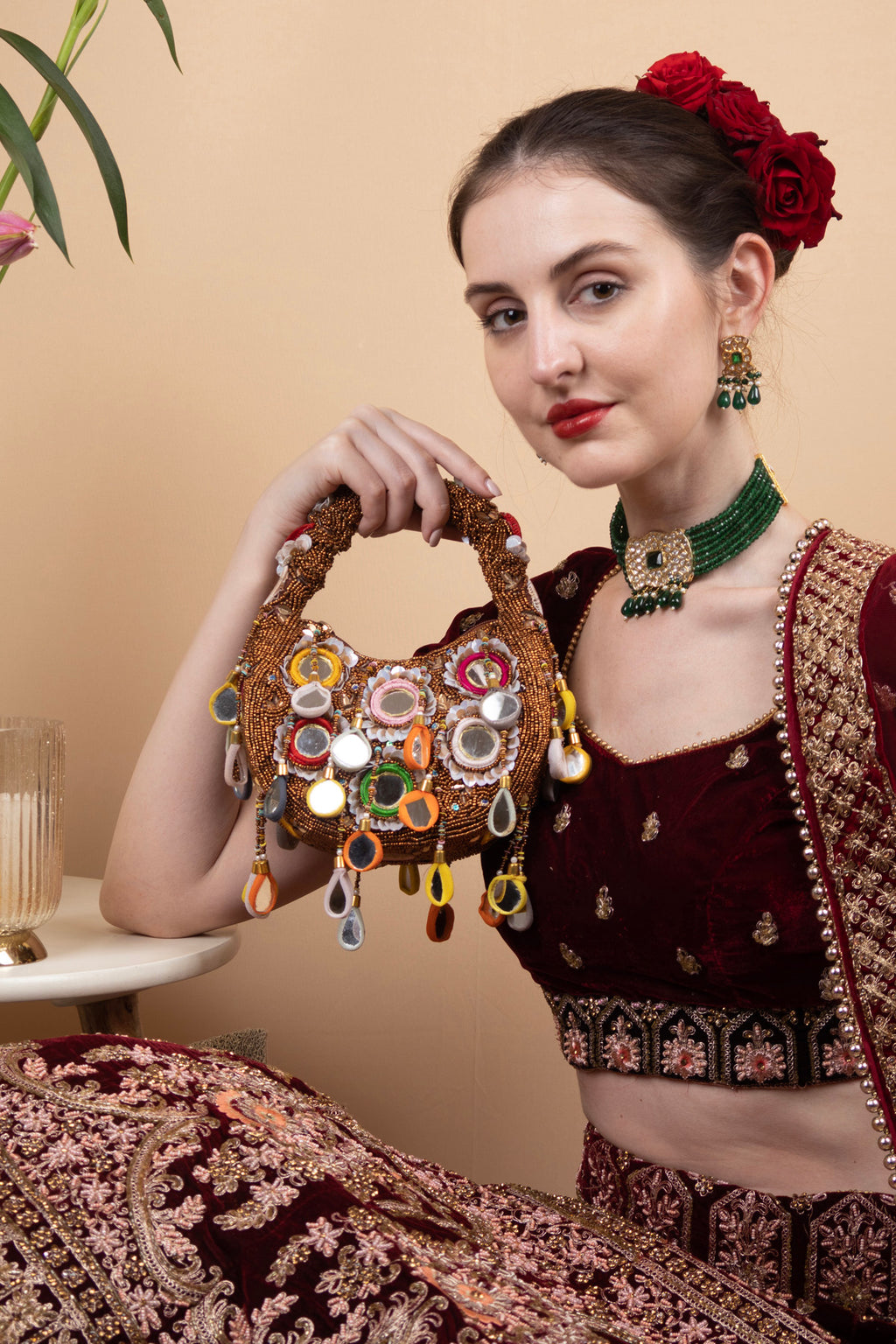 Eeth Brown Mirror Clutch Bag with Beads and Pearl Work
