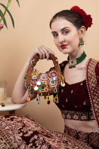 Eeth Brown Mirror Clutch Bag with Beads and Pearl Work