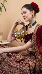 Eeth Brown Mirror Clutch Bag with Beads and Pearl Work