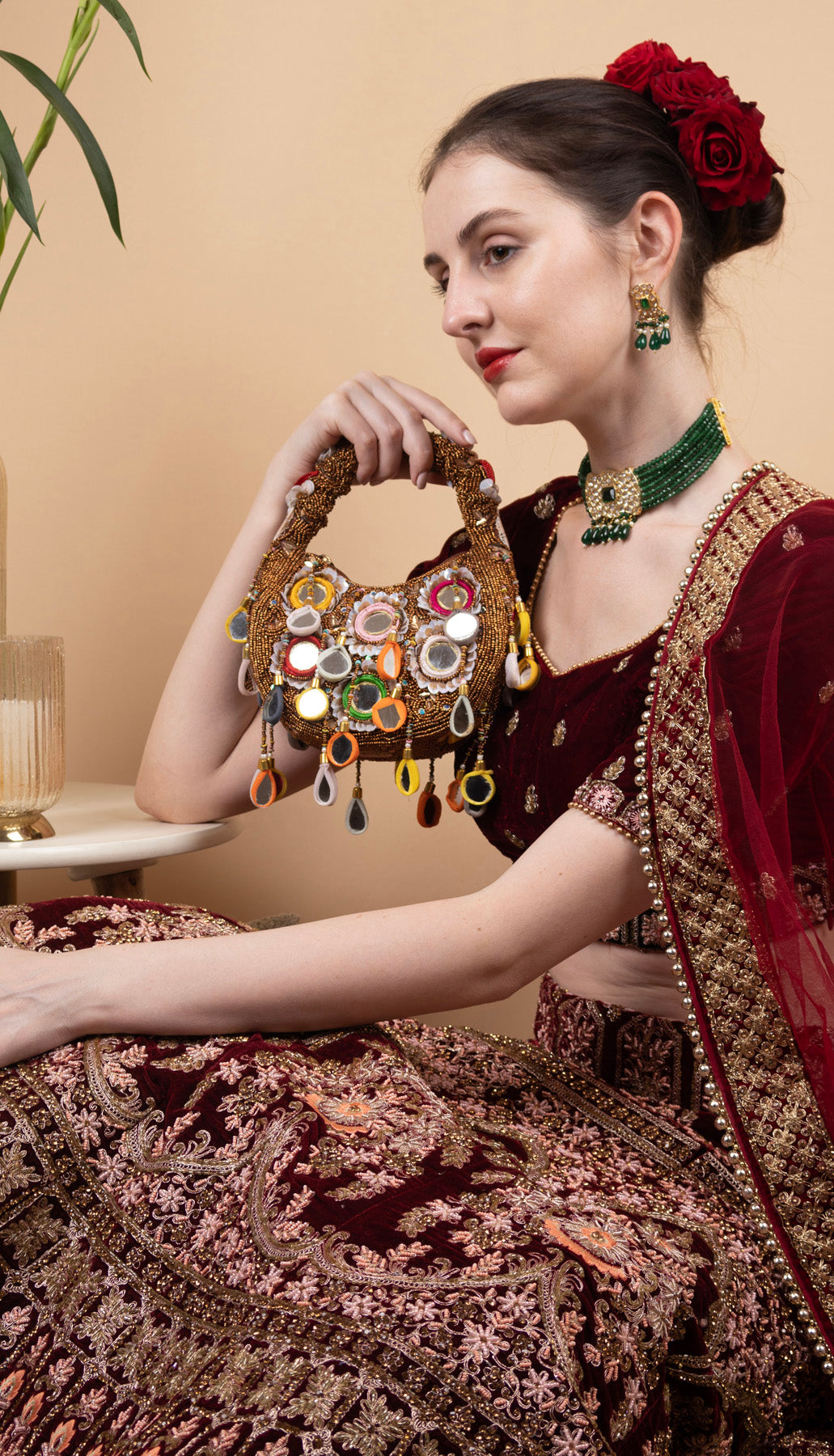 Eeth Brown Mirror Clutch Bag with Beads and Pearl Work