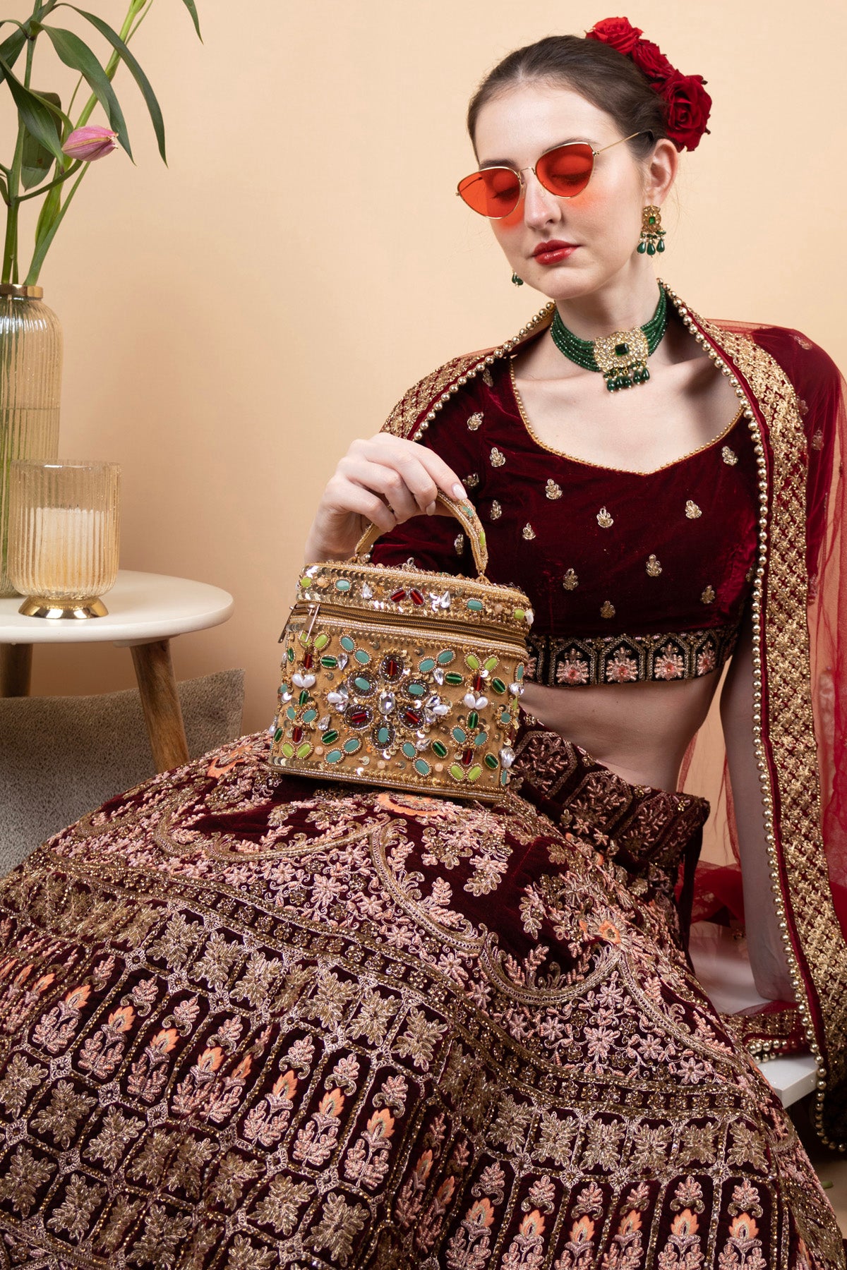 Eeth Gold Embellished Box Clutch with Zip Closure