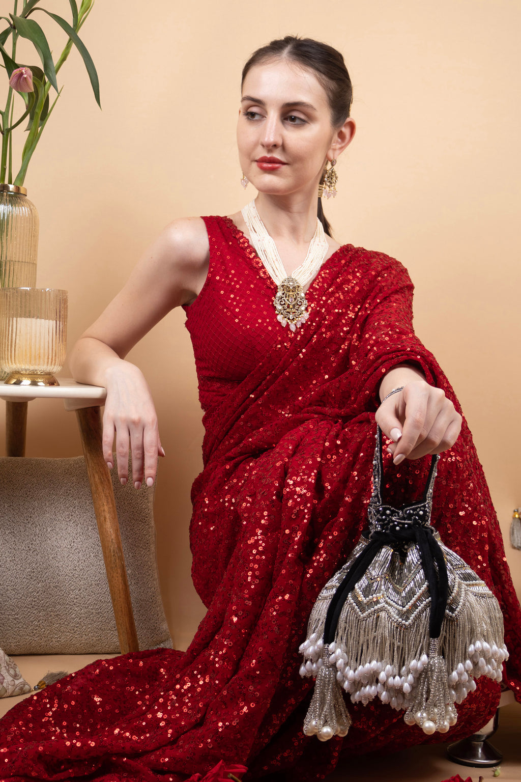 Black Velvet Cutdana & Pearl Embellished Potli Bag