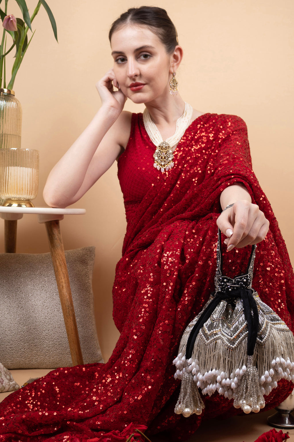 Black Velvet Cutdana & Pearl Embellished Potli Bag