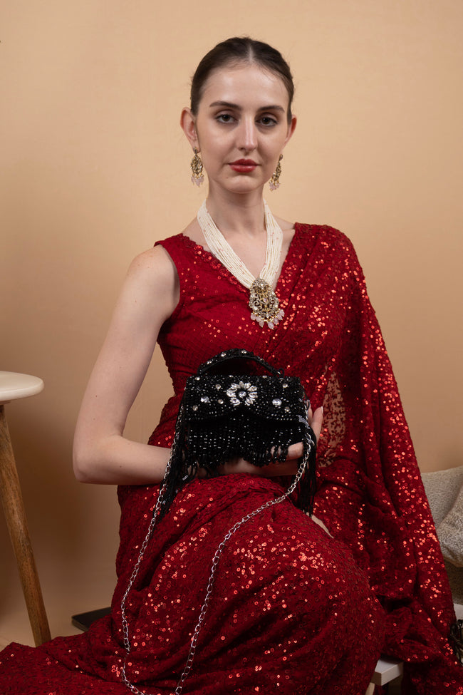 Black Hand Embellished Clutch Bag with Crystal Work Main Image