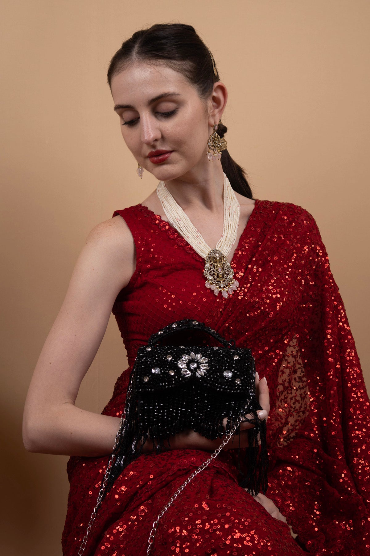 Black Hand Embellished Clutch Bag with Crystal Work