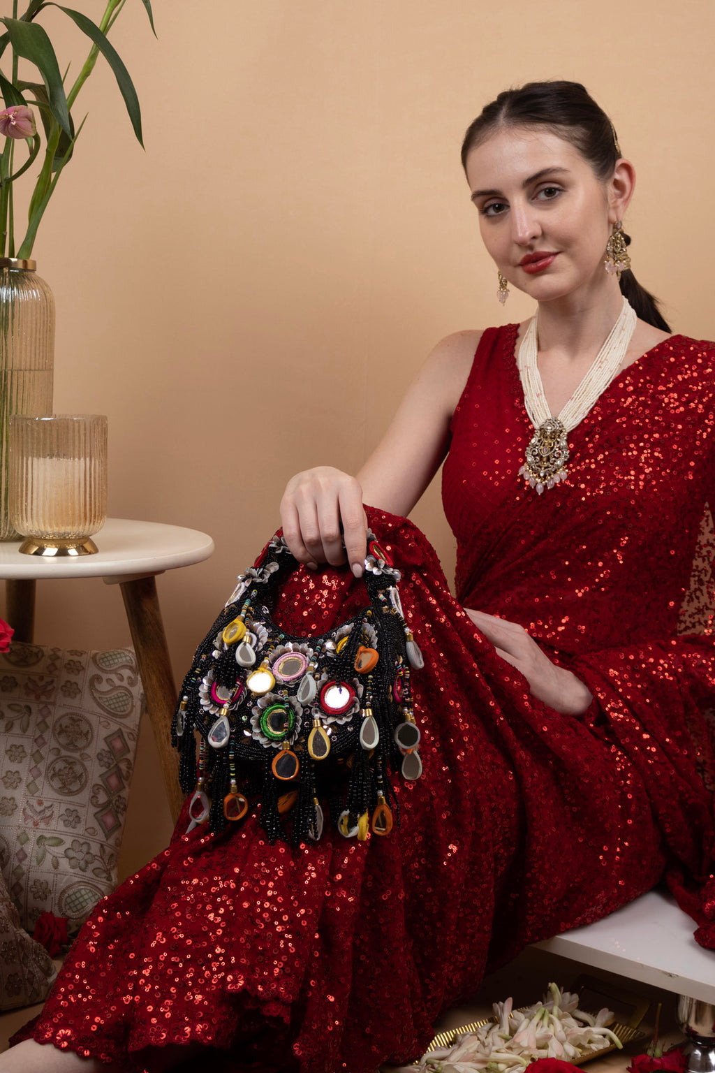 Eeth Black Mirror Clutch Bag with Beads and Pearl Work