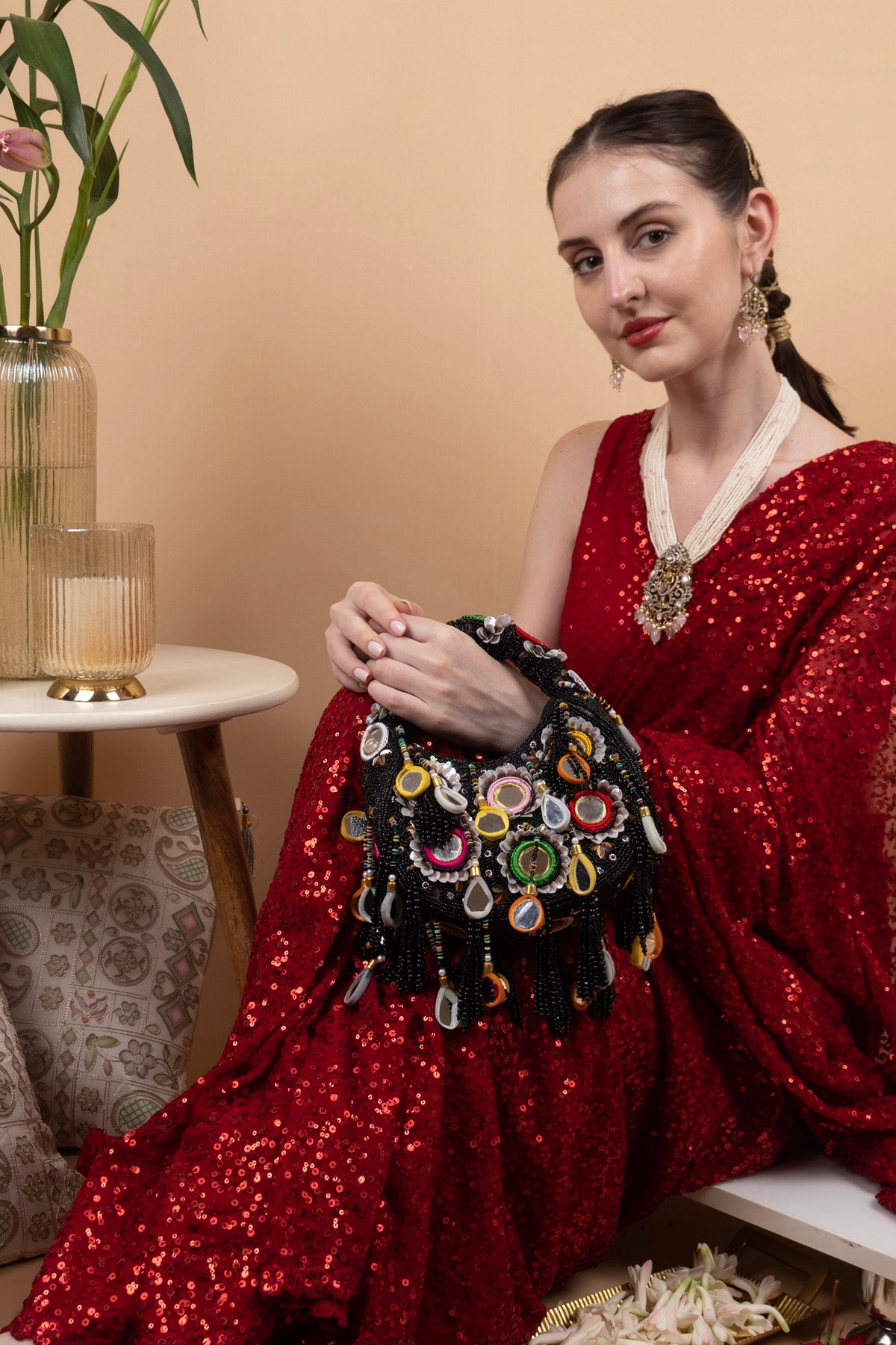 Eeth Black Mirror Clutch Bag with Beads and Pearl Work