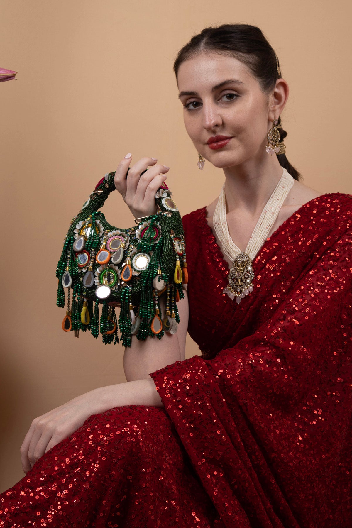 Eeth Green Mirror Clutch Bag with Beads and Pearl Work