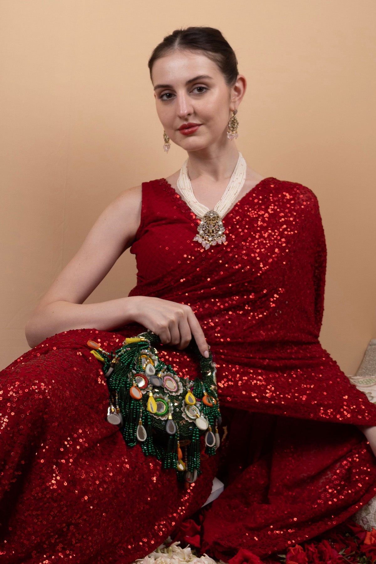 Eeth Green Mirror Clutch Bag with Beads and Pearl Work