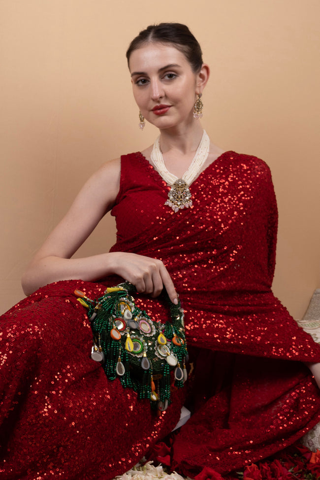 Eeth Green Mirror Clutch Bag with Beads and Pearl Work Main Image