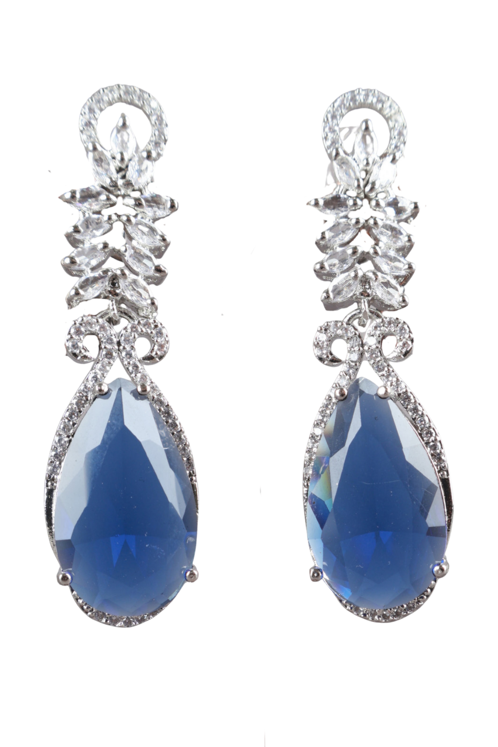 Royal Blue Teardrop Silver CZ Drop Earrings Glamour Jewellery