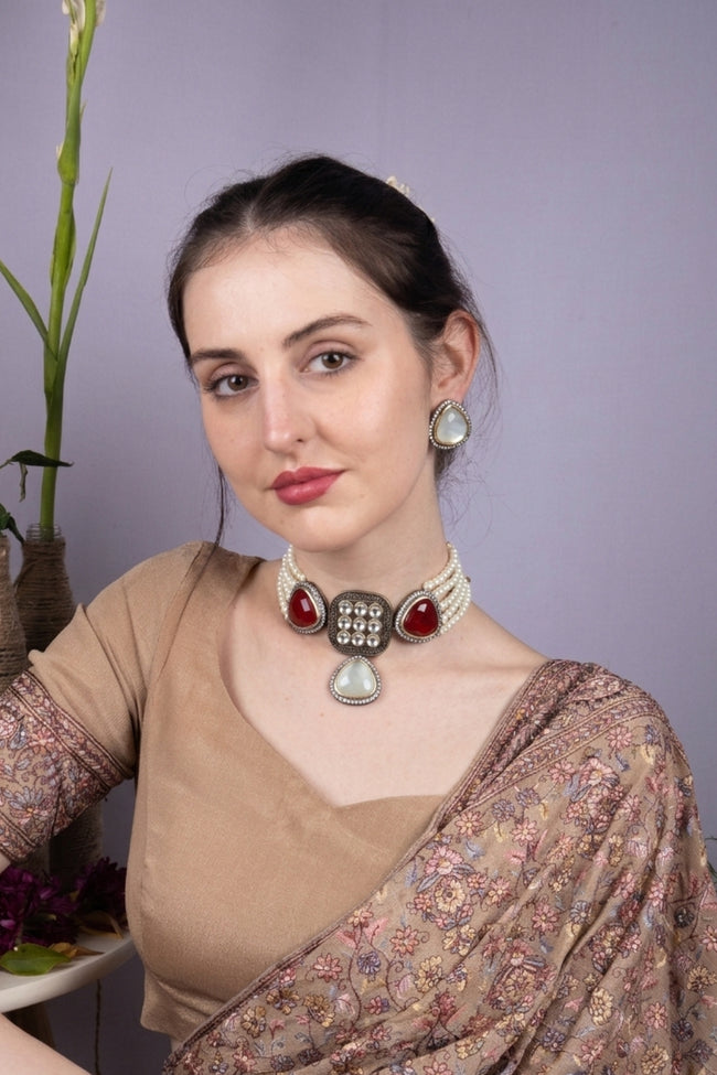 Pearl Choker Necklace with Red and Ivory Stones Statement Jewellery Hover Image