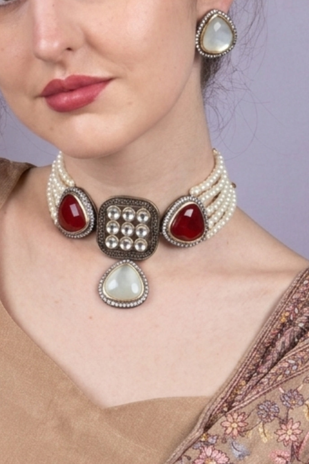 Pearl Choker Necklace with Red and Ivory Stones Statement Jewellery