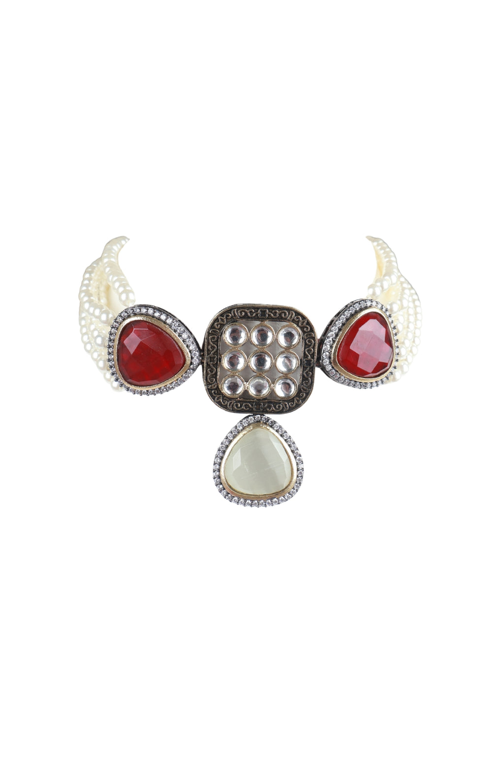 Pearl Choker Necklace with Red and Ivory Stones Statement Jewellery