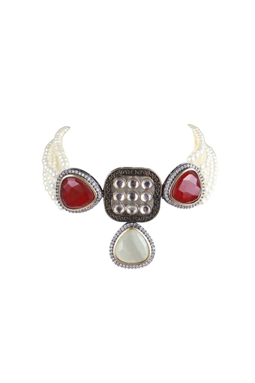 Pearl Choker Necklace with Red and Ivory Stones Statement Jewellery