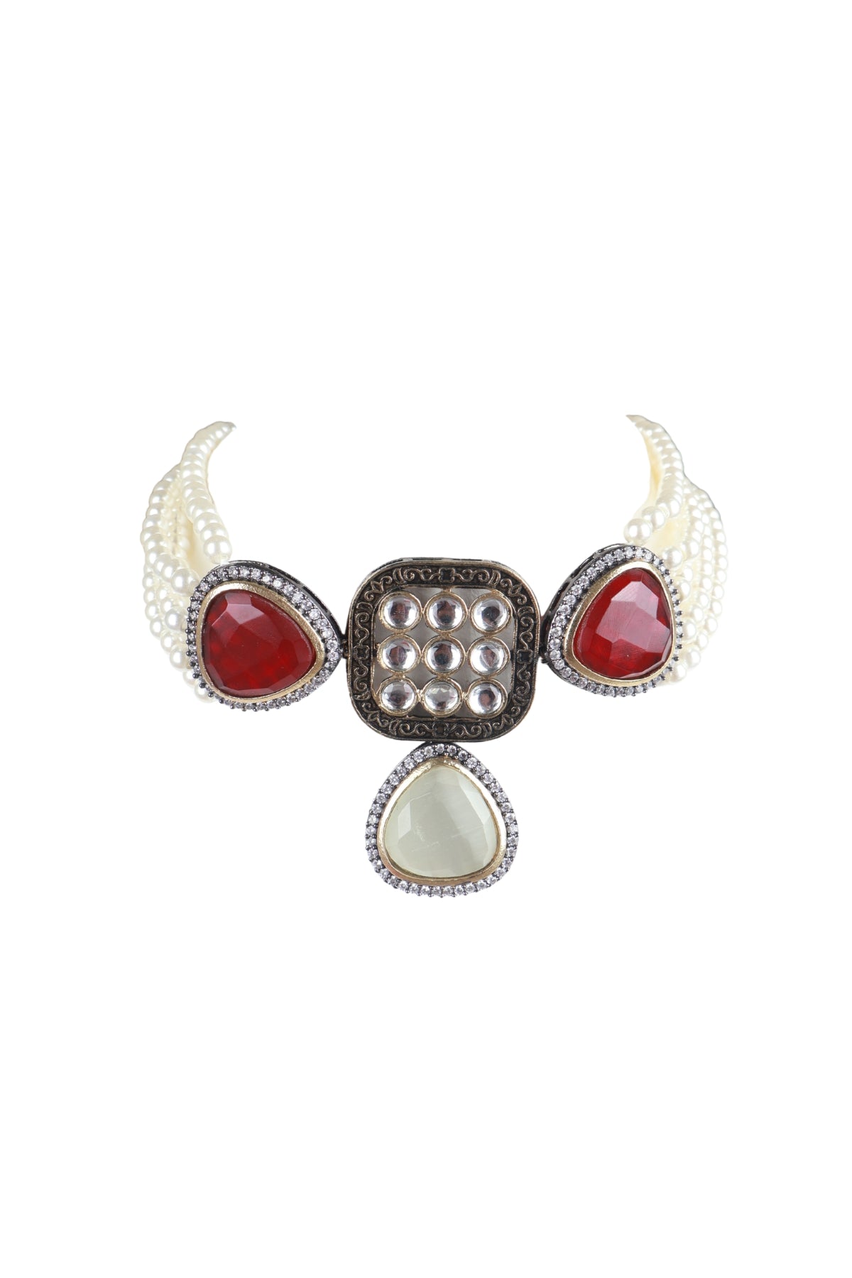 Pearl Choker Necklace with Red and Ivory Stones Statement Jewellery
