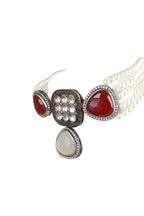 Pearl Choker Necklace with Red and Ivory Stones Statement Jewellery