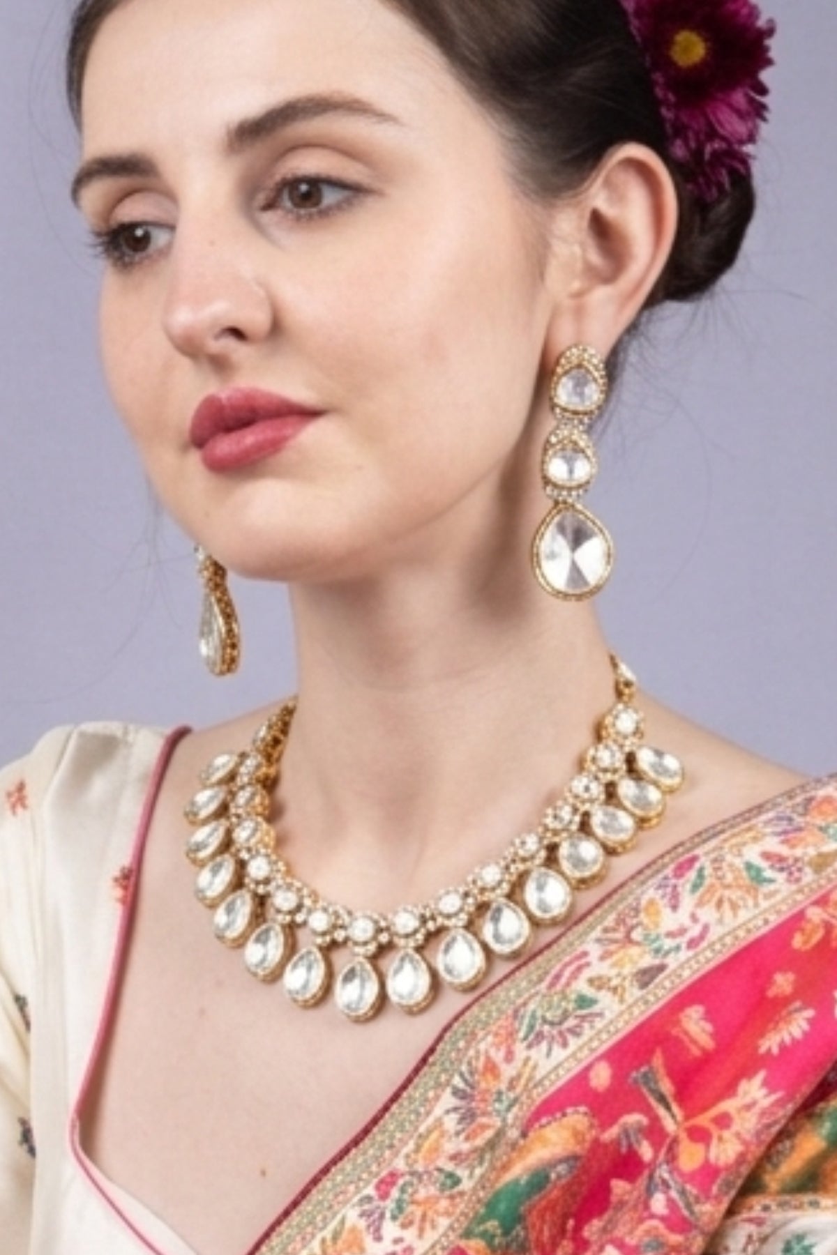 Fine Crafted Kundan Slim Necklace Set Premium Look