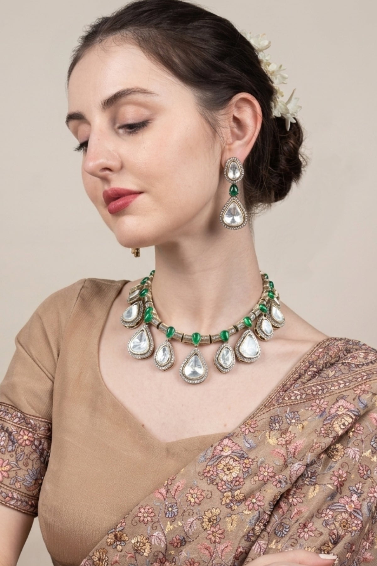 Green Stone Kundan Drop Necklace Set