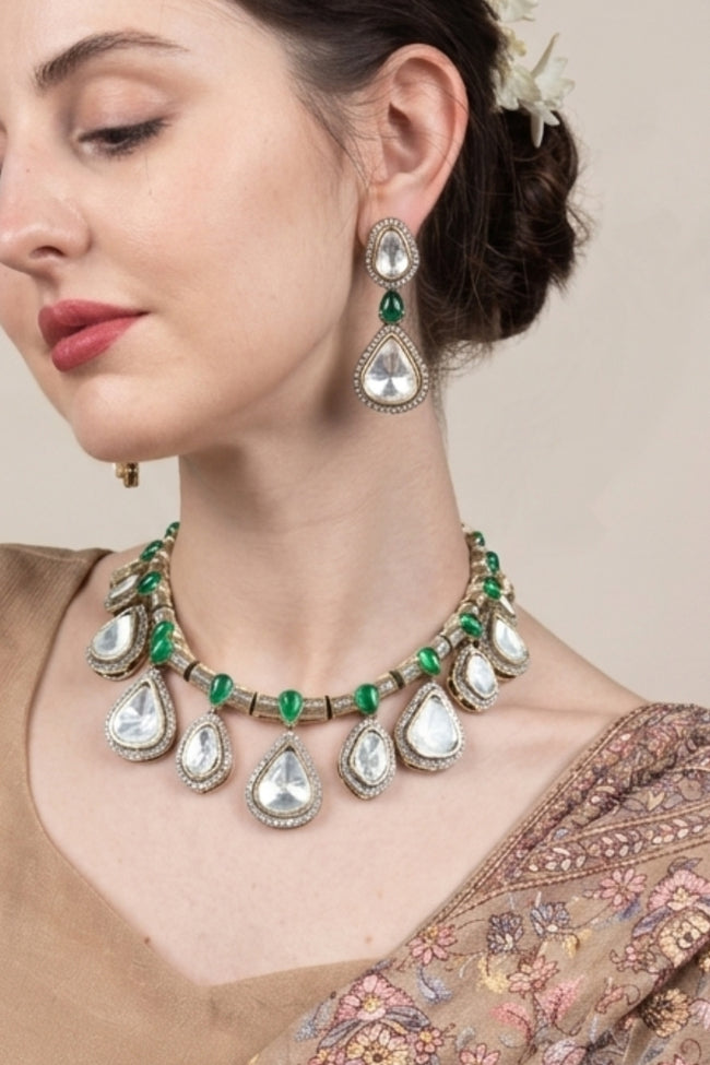 Green Stone Kundan Drop Necklace Set Main Image
