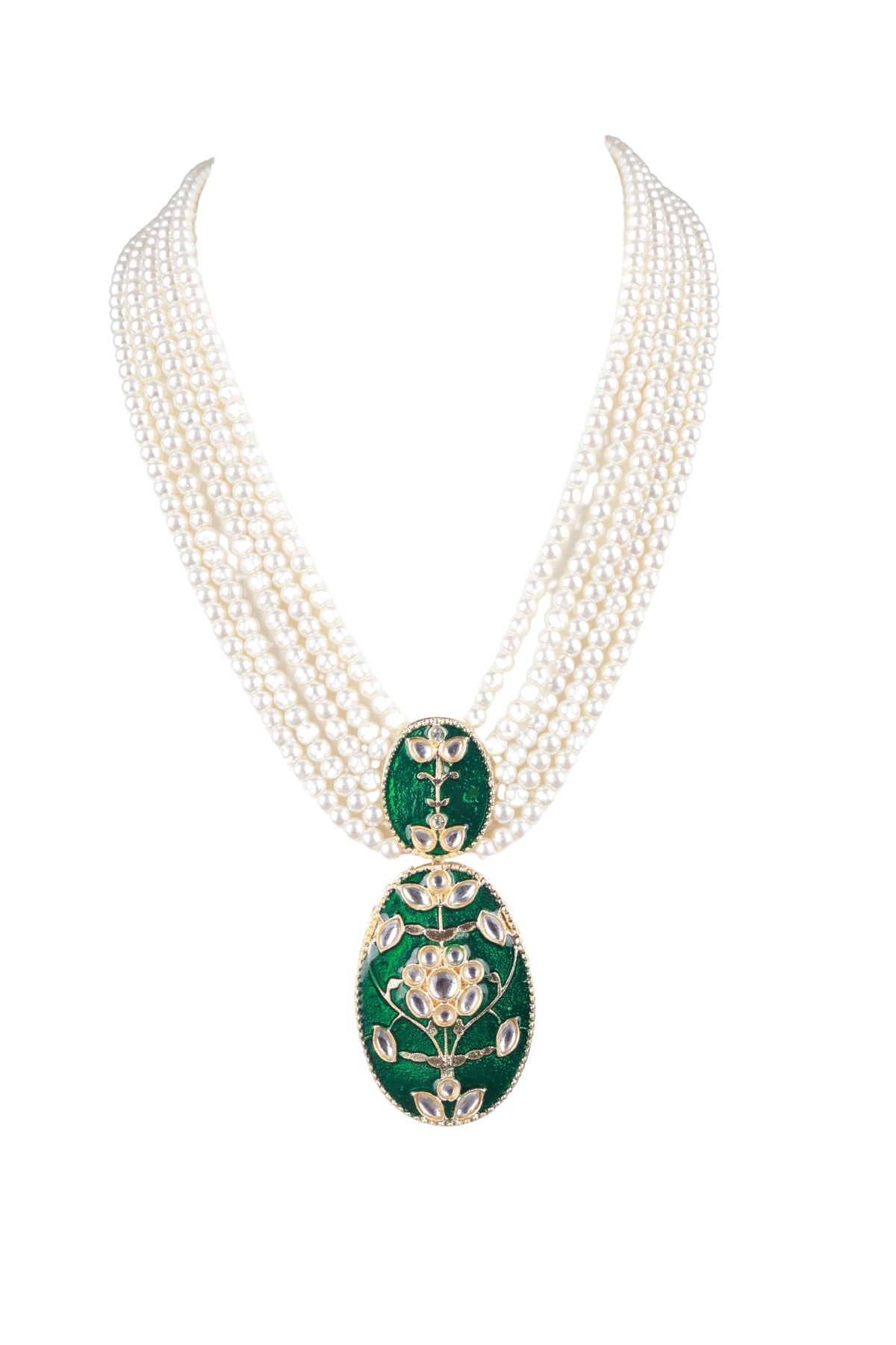 Elegant Pearl Necklace with Green Statement Pendant
