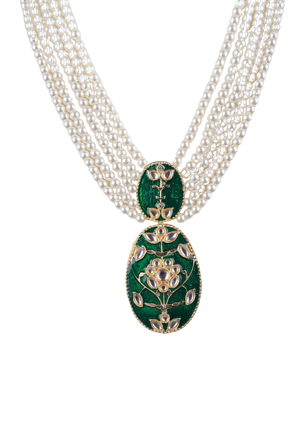 Elegant Pearl Necklace with Green Statement Pendant
