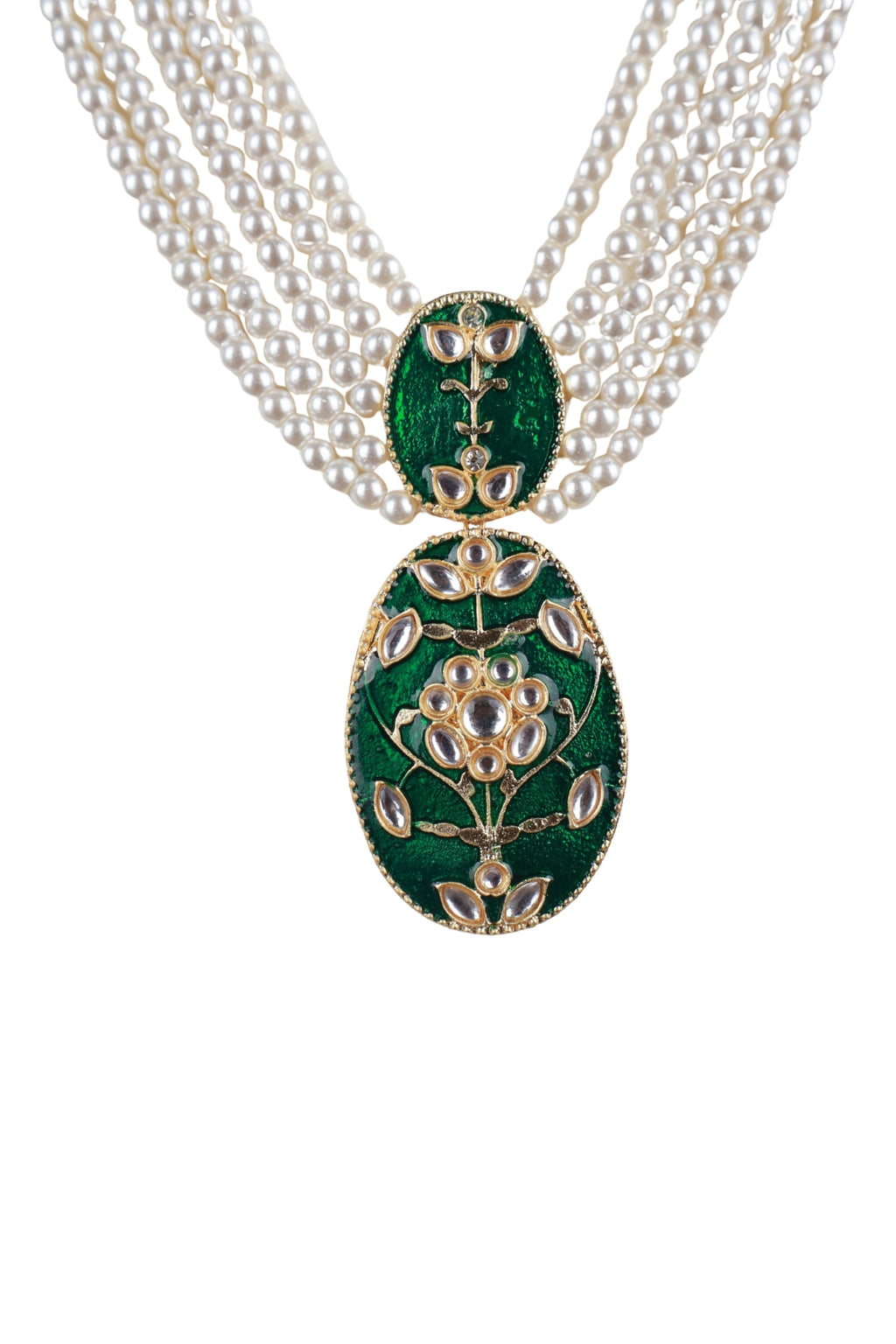 Elegant Pearl Necklace with Green Statement Pendant