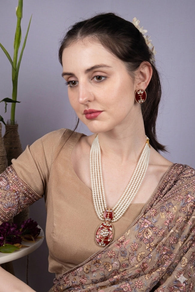 Multi Layer Pearl Necklace with Red Pendant Ethnic Jewellery Hover Image