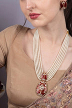 Multi Layer Pearl Necklace with Red Pendant Ethnic Jewellery