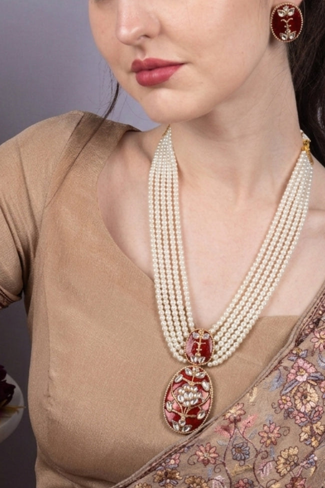 Multi Layer Pearl Necklace with Red Pendant Ethnic Jewellery Main Image