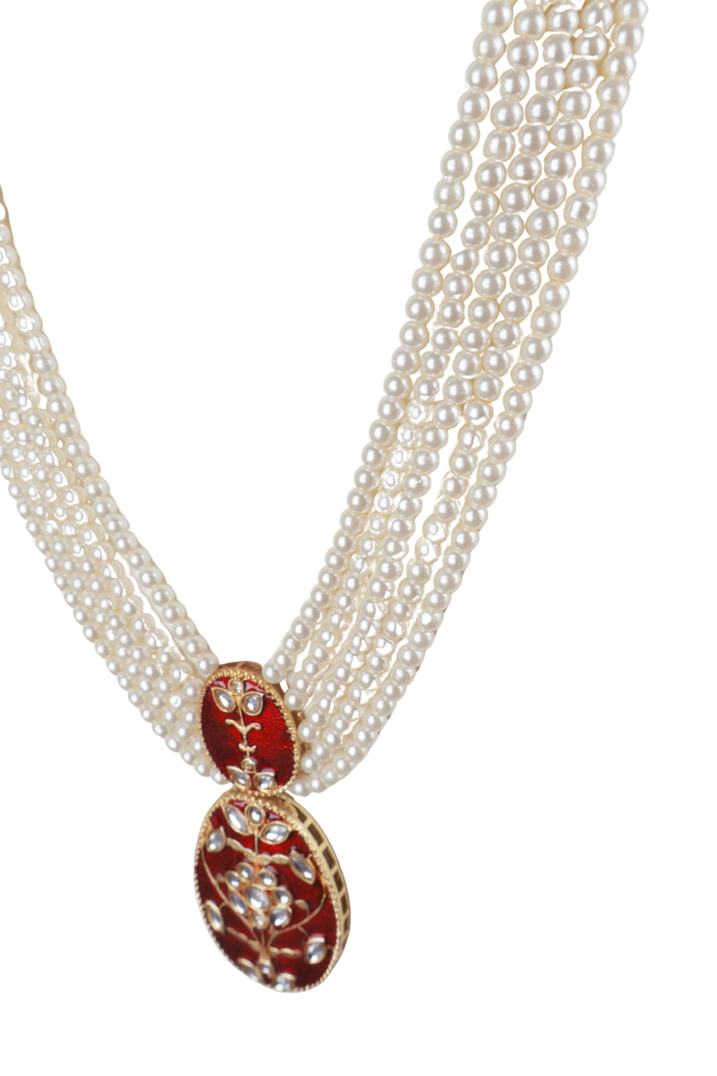 Multi Layer Pearl Necklace with Red Pendant Ethnic Jewellery