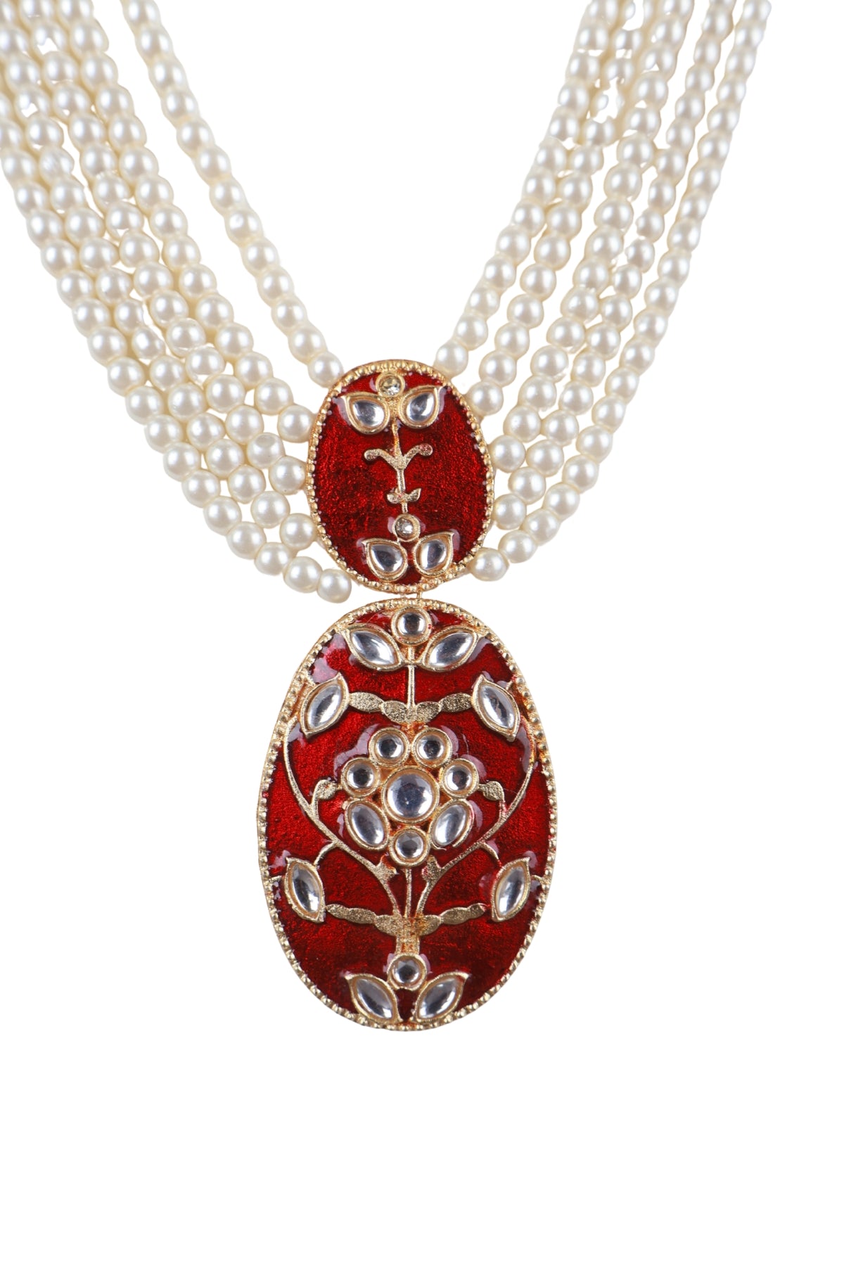 Multi Layer Pearl Necklace with Red Pendant Ethnic Jewellery