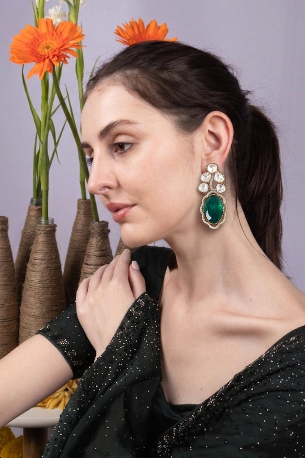 Emerald Green Kundan Drop Statement Earrings