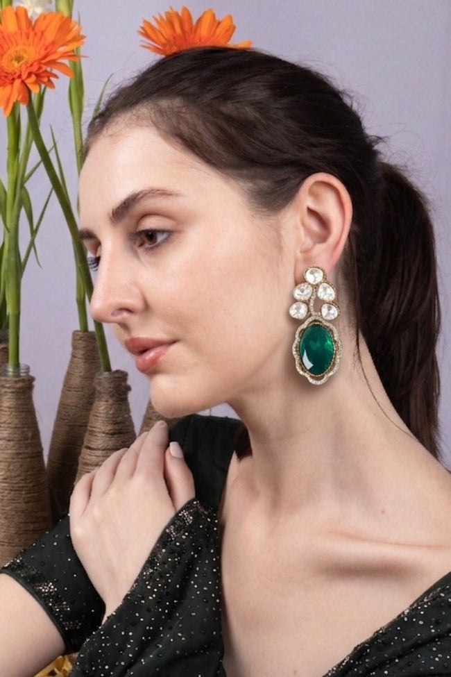 Emerald Green Kundan Drop Statement Earrings Main Image