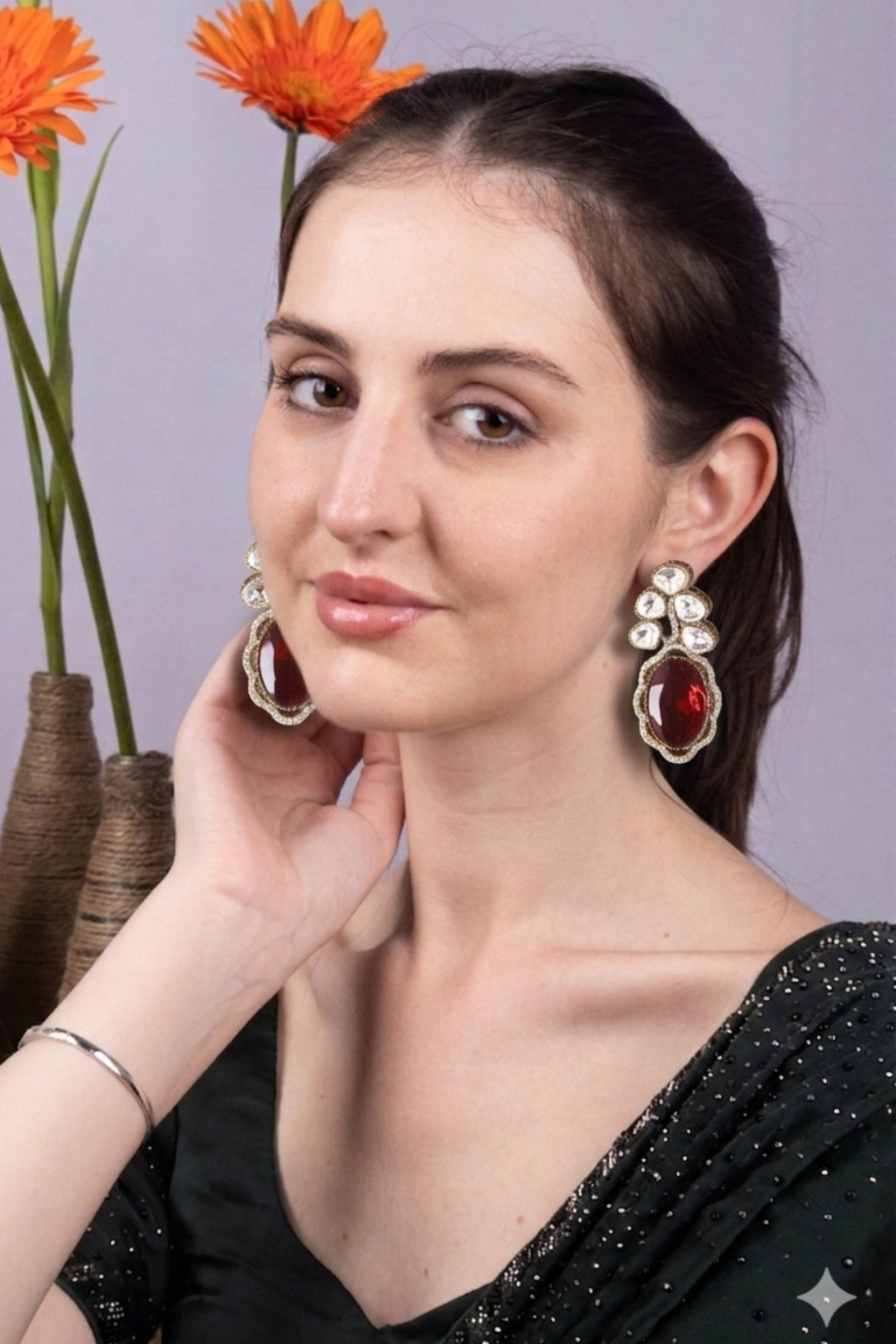 Emerald Red Kundan Drop Statement Earrings