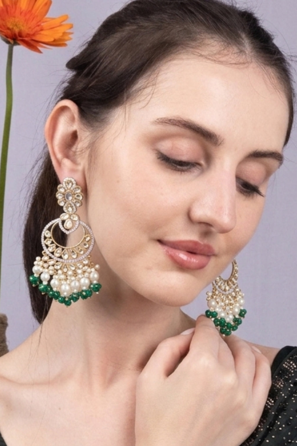 Kundan Chandbali Pearl Green Earrings