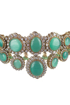 Green Stone Statement Gold-Plated Choker Necklace Set with Earrings
