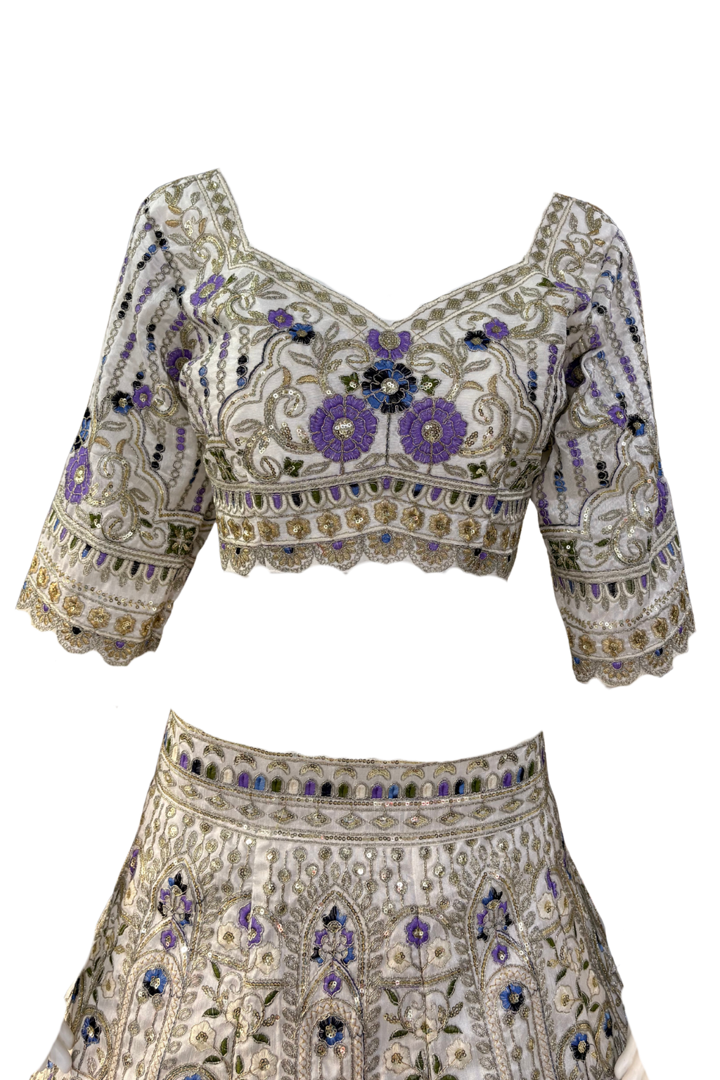 Mono satin silk flared lehenga with sequins cut work can-can layers unstitched blouse and butterfly net dupatta for wedding festive wear