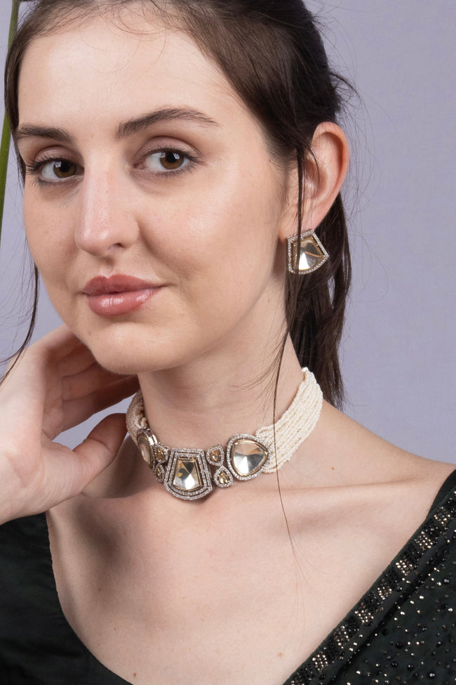 Polki Mirror Stone Pearl Choker Necklace Rare Bridal Jewellery Main Image