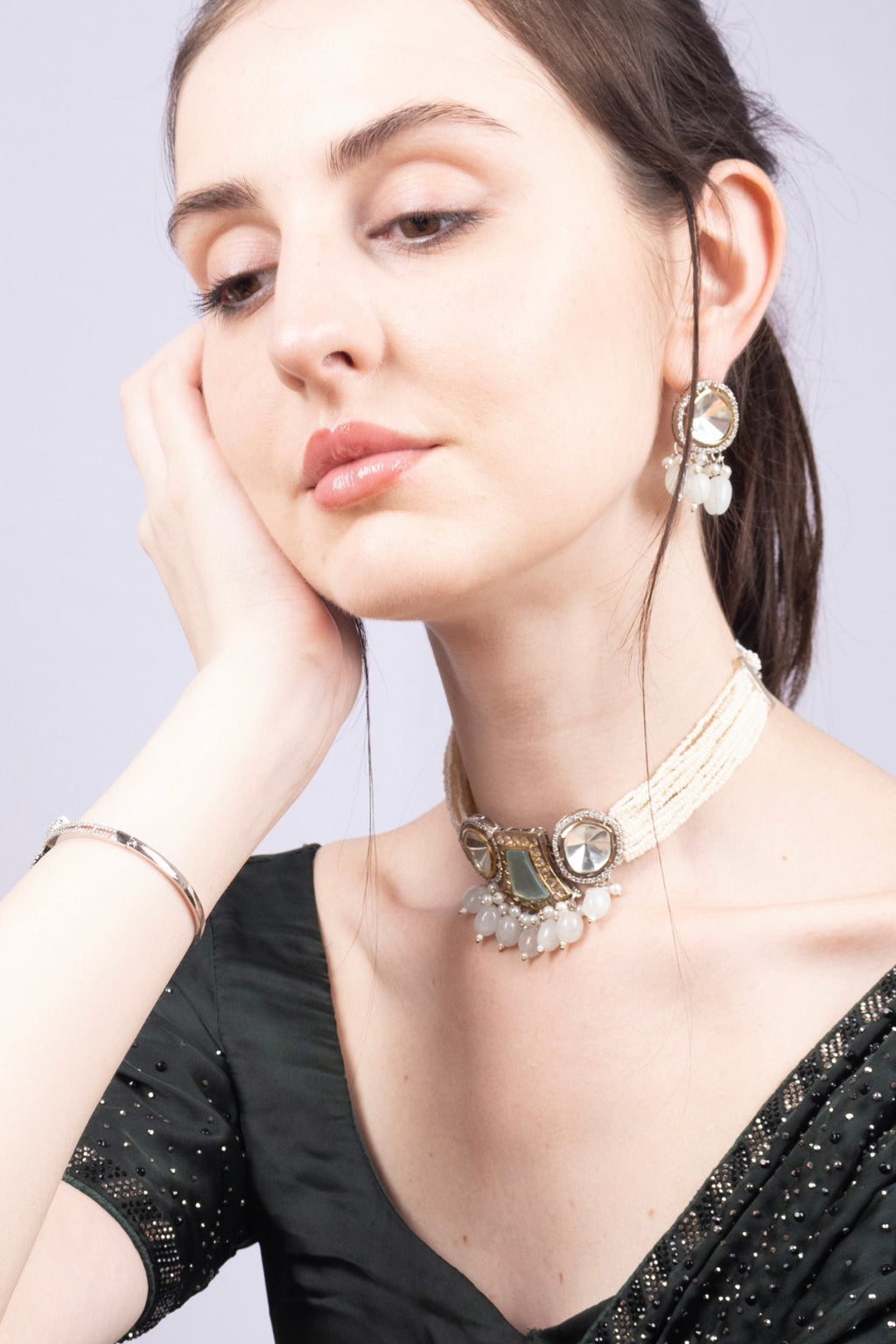 Polki Aqua Enamel Choker Seed Pearl Necklace Bridal Jewellery