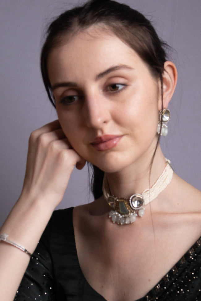 Polki Aqua Enamel Choker Seed Pearl Necklace Bridal Jewellery Main Image