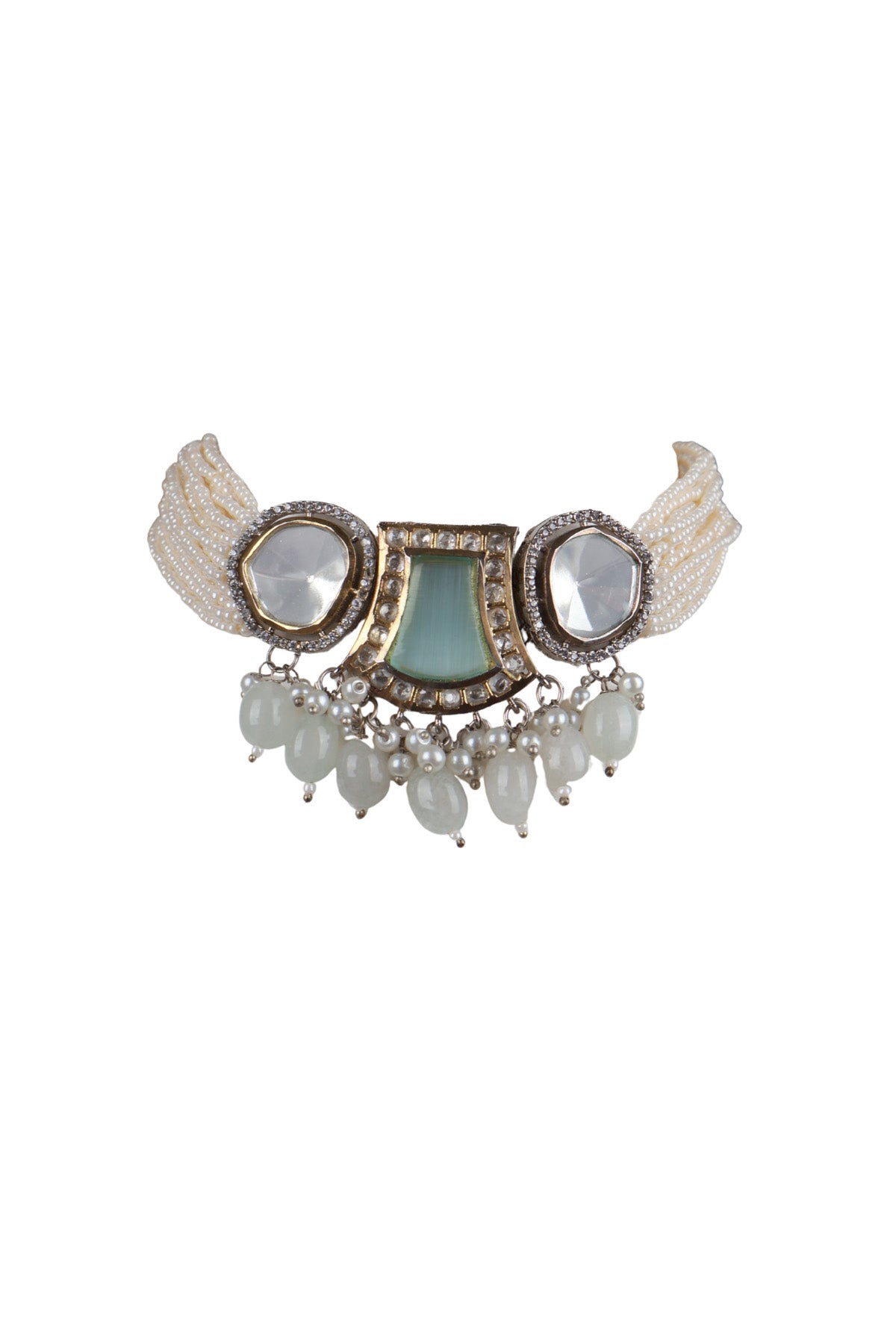 Polki Aqua Enamel Choker Seed Pearl Necklace Bridal Jewellery
