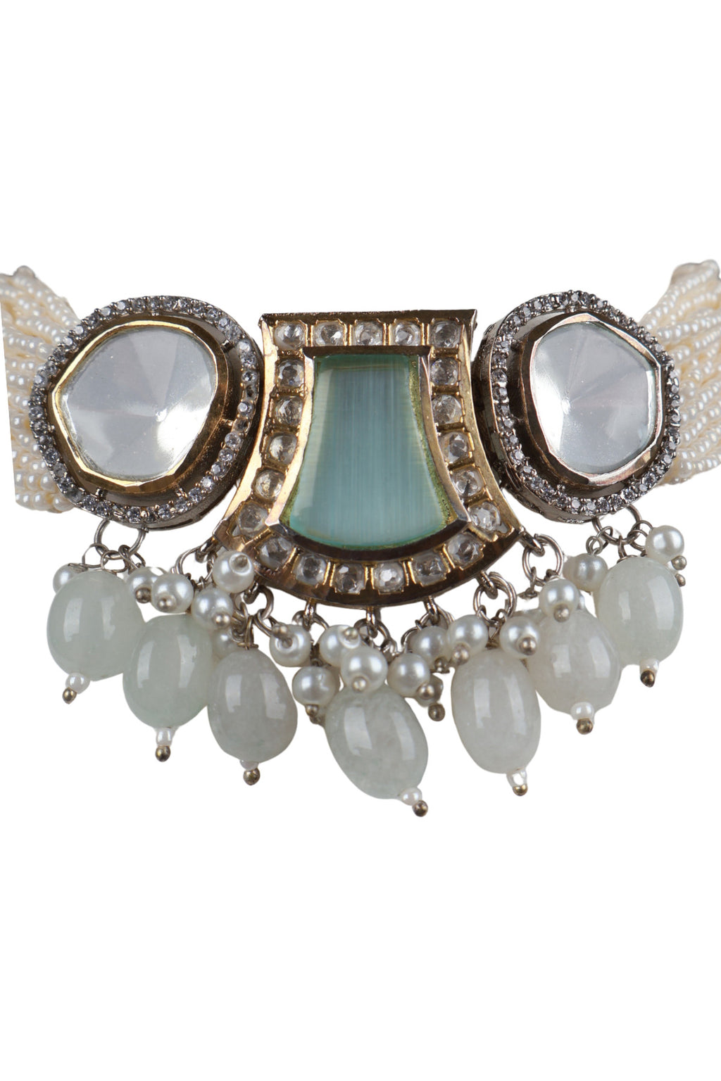 Polki Aqua Enamel Choker Seed Pearl Necklace Bridal Jewellery